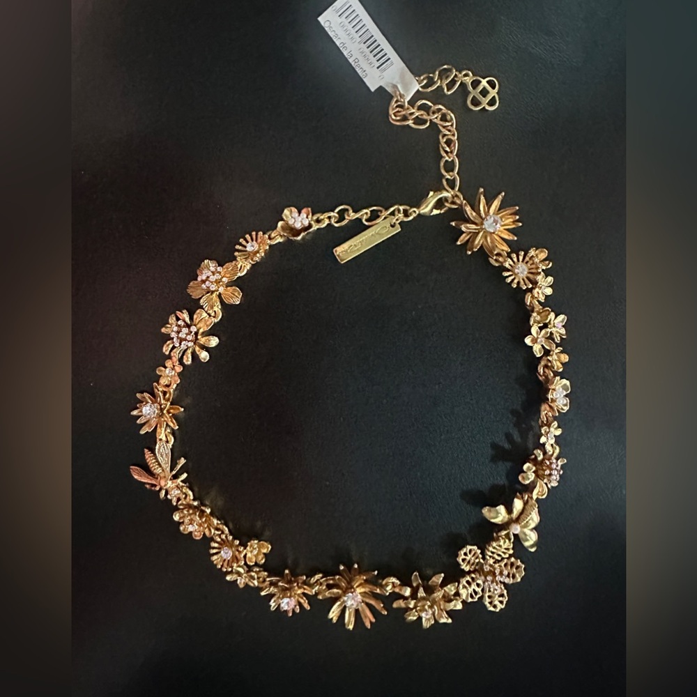 Oscar de la Renta Gold Floral Crystal Statement Necklace